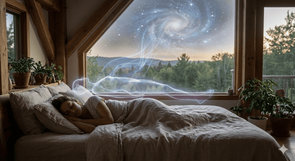 persona durmiendo y conectada en astral con su doble cuántico